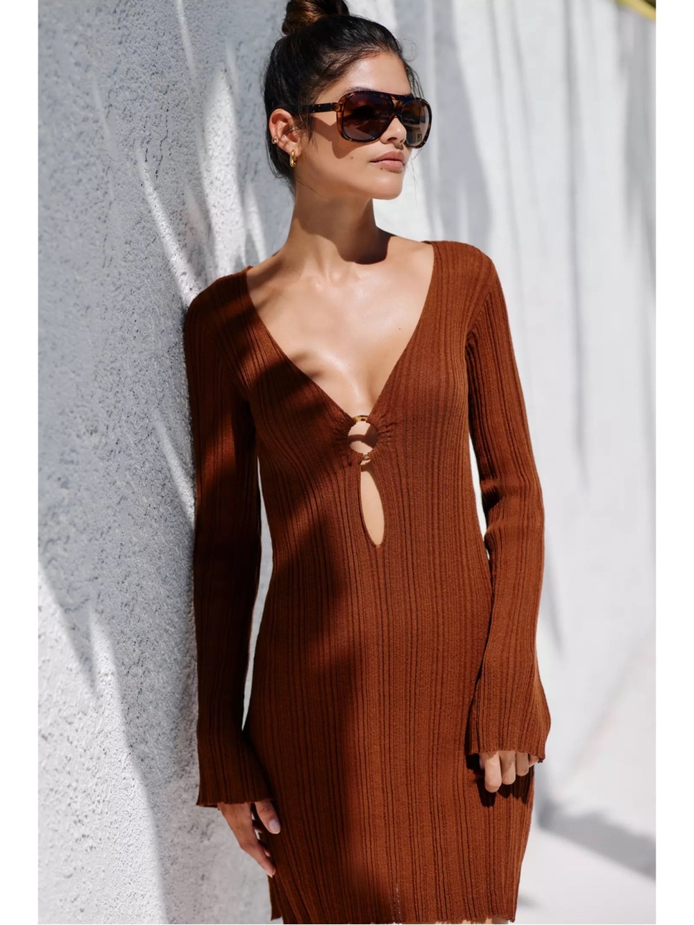 L Space Wailea Cover Up Linen Blend Mini Dress Coffee Large Summer Beach